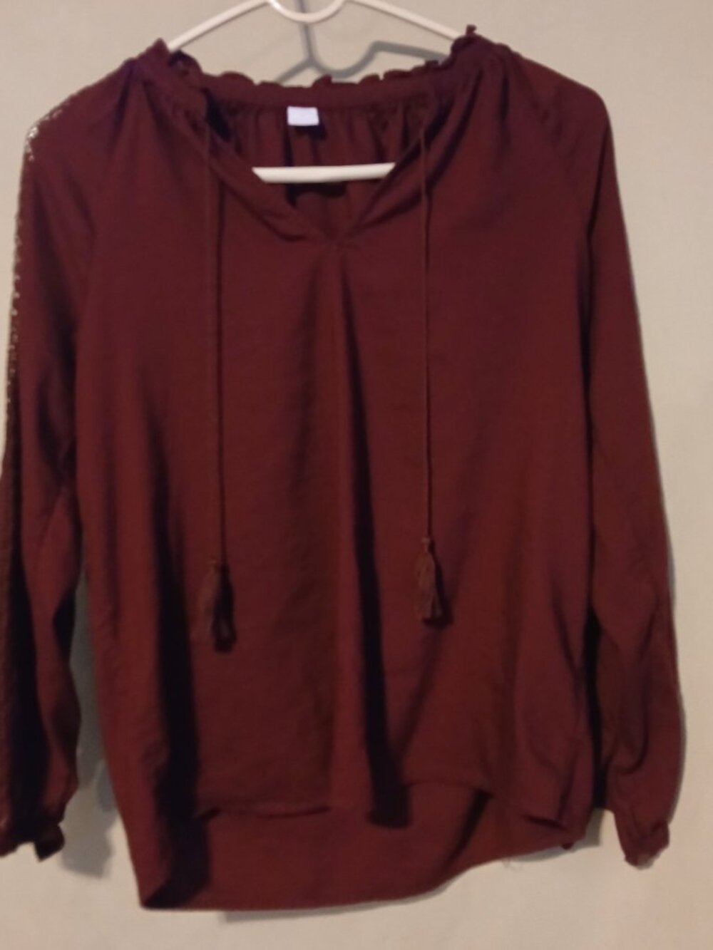 Old Navy Burgundy Lace Sleeve Blouse with Tassel Ties, XS